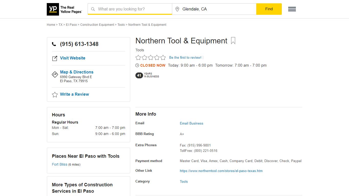 Northern Tool & Equipment 6990 Gateway Blvd E, El Paso, TX 79915 ...